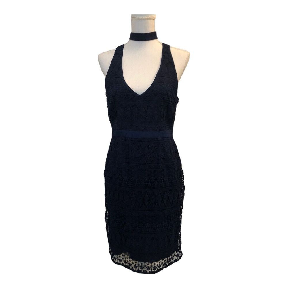 LIKELY Navy‎ Blue Lace Choker Neck Halter Bodycon Dress - Size 8